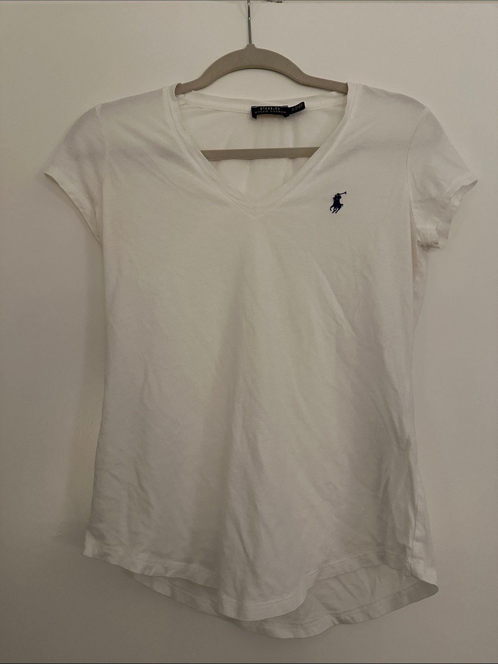 Ralph Lauren White V-Neck Short Sleeve Polo Tee with Navy Logo - size Small